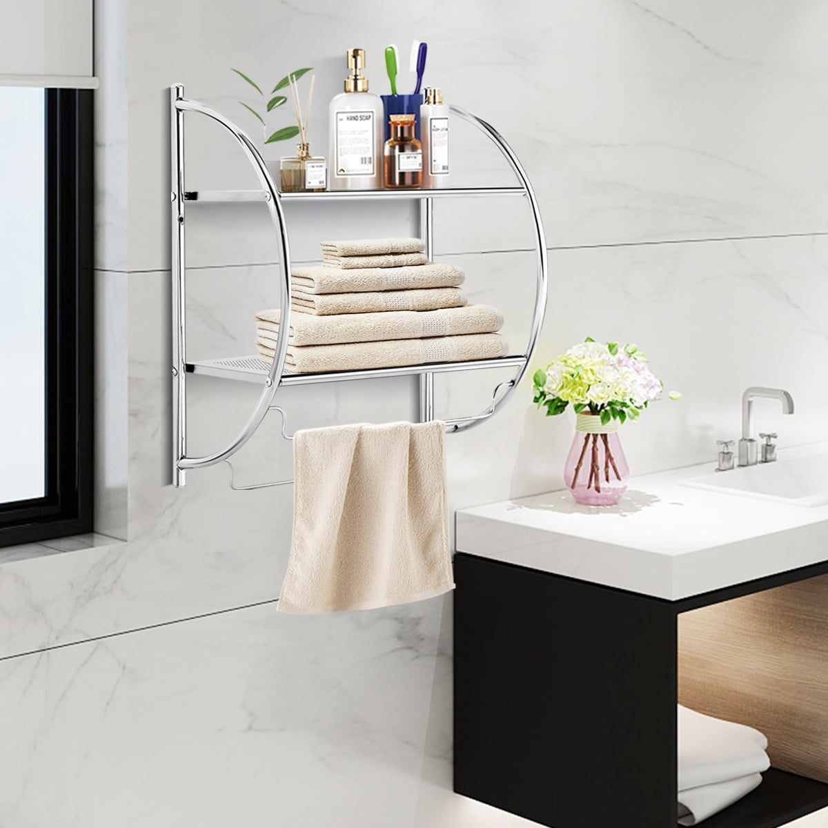 2 Tiers Self Adhesive Wall Mounted Bathroom Shelf Rack Organiser Towel Rail