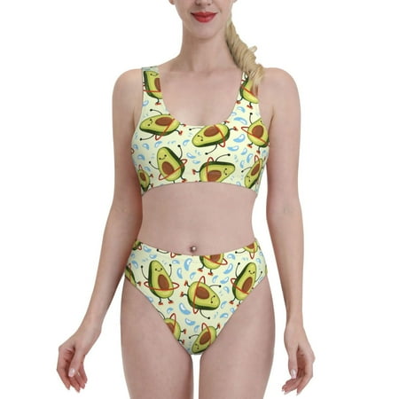 Bixox Avocado Doing Sport Pattern Two-Piece Sports Bikini with U-Shaped Top and High-Waist Bottom - Women s Swimwear with Removable Bra Pads