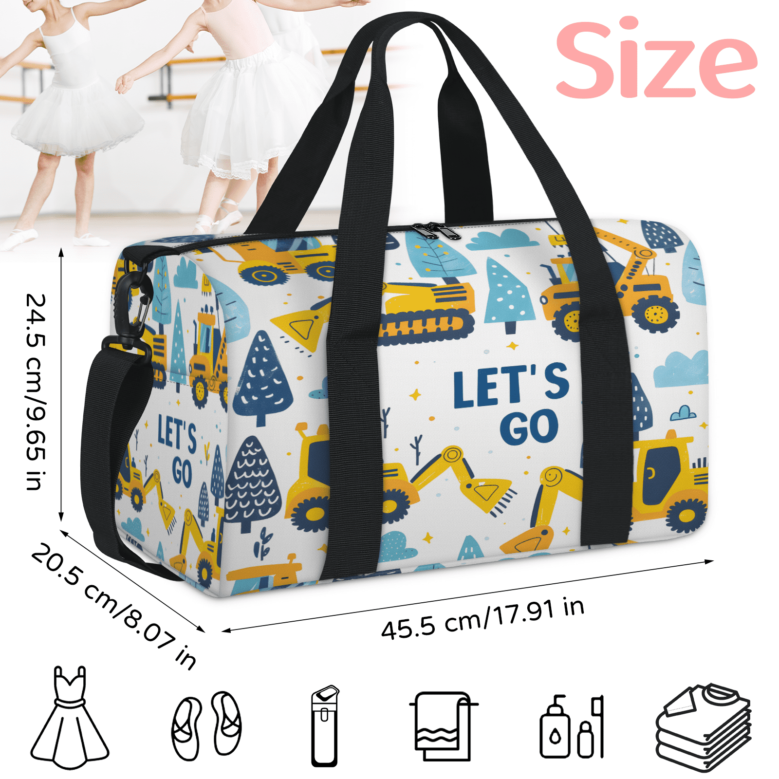 Herdesigns Construction Gym Bag for Women, Duffle Bag for Travel Sport, Excavator Vehicle Lightweight Waterproof Carry on Weekender Dance Yoga Workout Bags