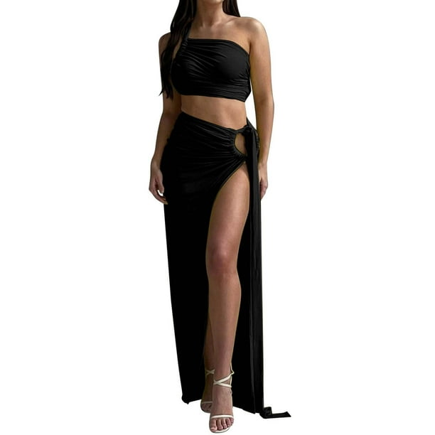 Conjunto sexy de top sin espalda y falda ajustada con abertura - Conjunto de dos piezas, sin tirantes, cintura alta, para discoteca/fiesta/uso diario