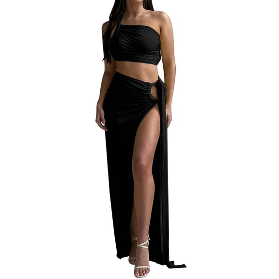 DHFJKG Womens Skirt Sets Summrt 2 Piece Outfits One Shoulder Sleeveless Crop Top Maxi Side Slit Skirts Set Resort Wear Sexy Backless Stylish Outfit
