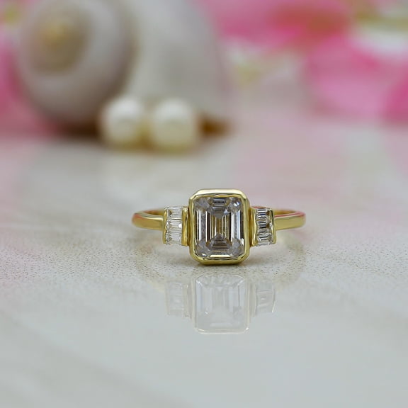 1.5CT Unique Emerald cut Moissanite engagement ring Cluster baguette engagement ring Rose gold ring Bezel Set art deco Bridal Promise