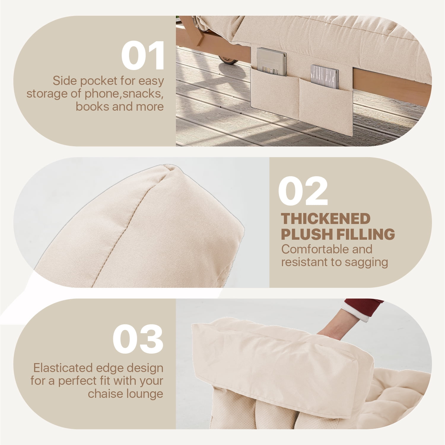BaPiPro Beige 2-Pack Outdoor Chaise Lounge Cushion with Side Pocket, Triple Non-Slip Fixation, All-Weather Durable & Soft Fabric, Thickened Padding, Ideal for Patio and Poolside Use