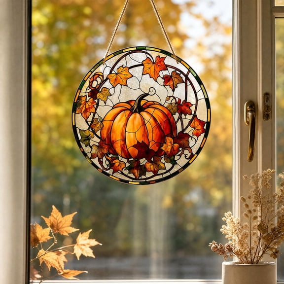Hanging Pumpkin Suncatcher,Fall Decorations for Home,7Inch Vintage Autumn Maple Leaf Pumpkin Sun Catchers for Doors Home Decoration and Christmas Mother's Day Birthday Gifts