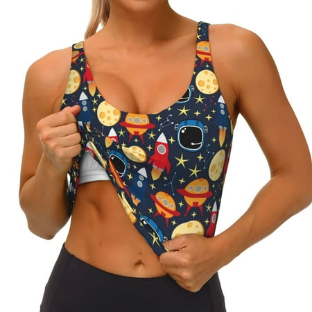 Qokaie Colorful Astronomy Pattern Womens Scoop Neck Sports Bra Breathable Workout Vest Padded U Back Medium Impact Fitness Gym Yoga Bra Workout Crop Top