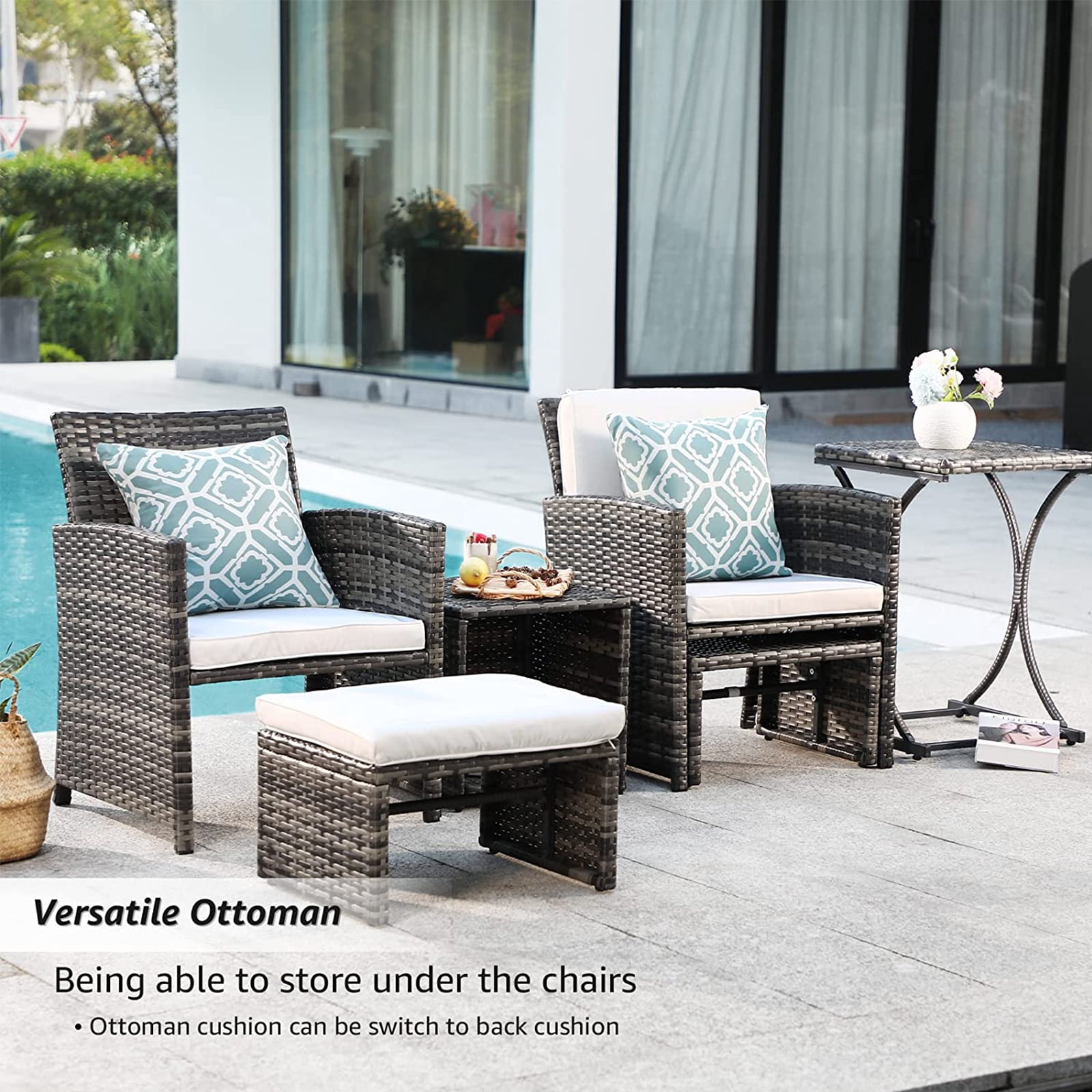 Wicker Patio Furniture Set Rattan Patio Chair Set with Ottoman, Perfect for Balcony, Small Space, Porch
