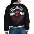thumbnail image 3 of Women's Starter  Black Philadelphia Phillies Printed Logo Cropped Satin Varsity Full-Snap Jacket, 3 of 3