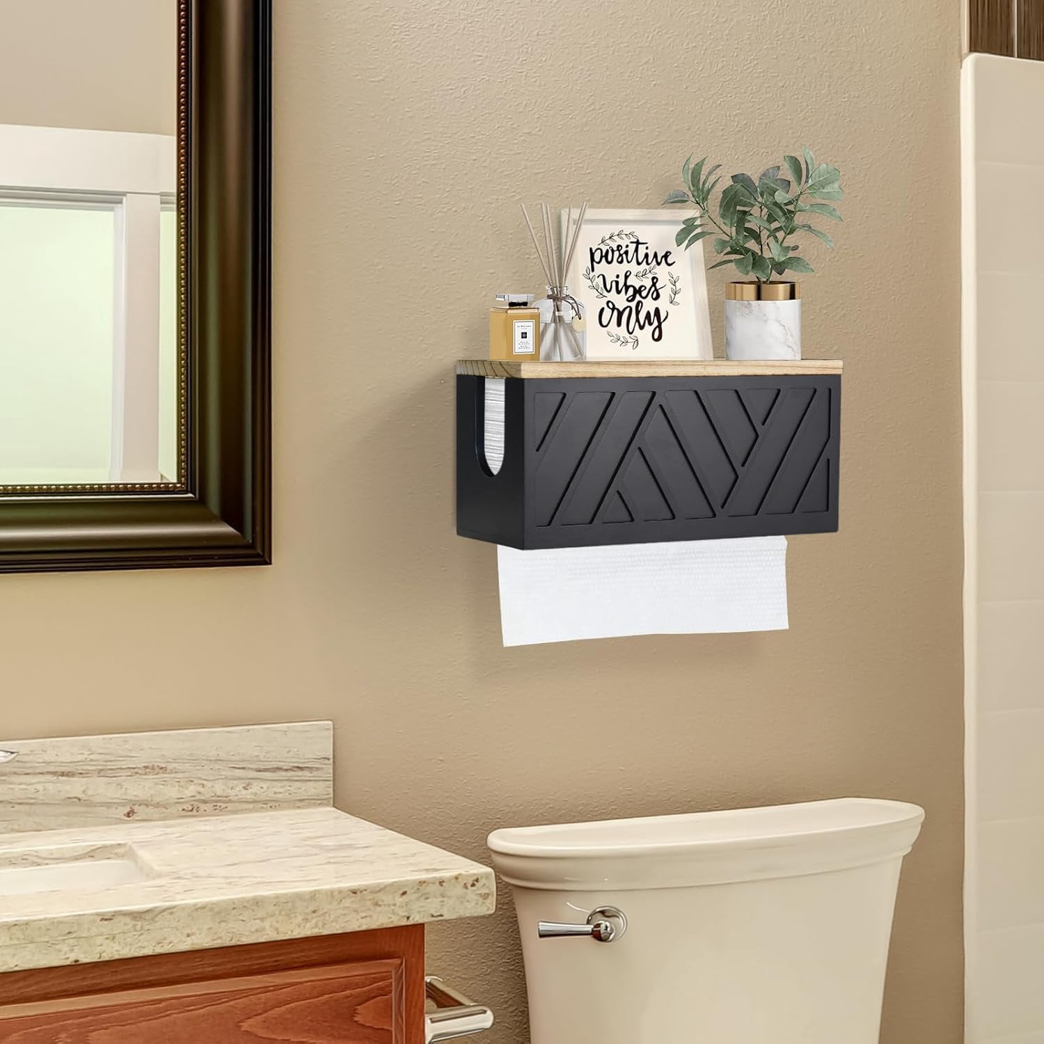 Cnshop Wall-Mounted Paper Towel Dispenser with Solid Wood Top, C-Fold/Trifold Towel Holder with Lid for Bathroom