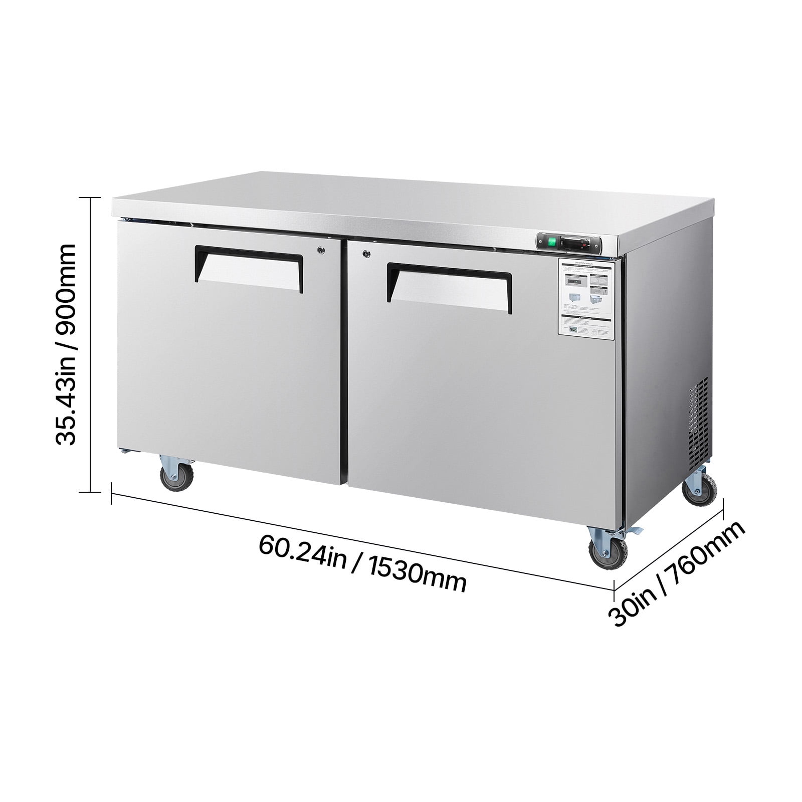 KFFKFF 60" W Commercial Freezer, 14.8 Cu.Ft Undercounter Freezing Unit with LED Lighting and Lockable Doors, 2-Door Stainless Steel Worktable with Casters for Food Storage and Preparation