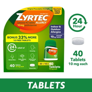 Zyrtec 24 Hour Allergy Relief Tablets, 40 Count Bonus Pack
