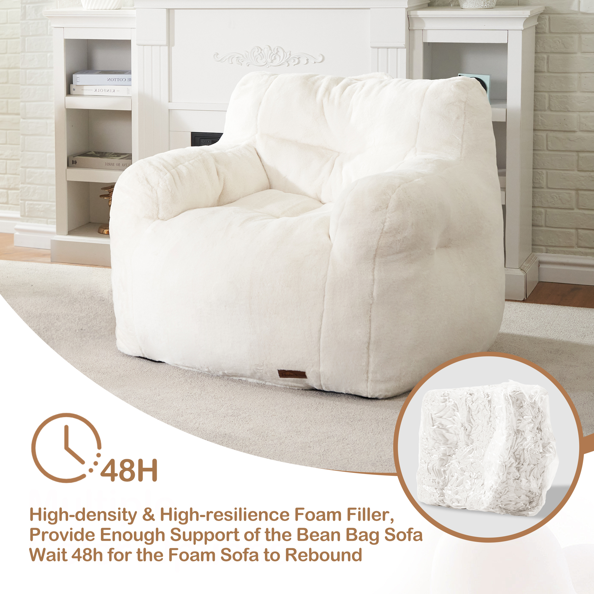 Hobestluk Bean Bag Chair for Adult Small Bean Bag Chairs with Arms Furry Beanbag Chair with Foam Filler Stuffed Bean Bag Sofa for Reading in Bedroom Living Room and Dorms(White)