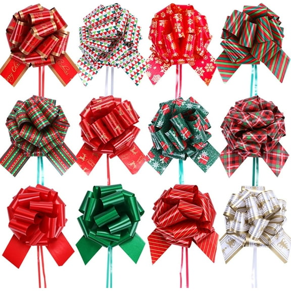12PCS Christmas Gift Wrap Pull Bows with Ribbon 5" for Xmas Present Wrapping, Christmas Decorations, Florist