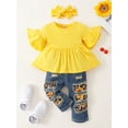 thumbnail image 2 of 12 Months Baby Girls Clothes 18 Months Girls 3PCS Outfits Toddler Girls Flared Sleeve Top Sunflower Patch Jeans Pants Headband Set Yellow, 2 of 6
