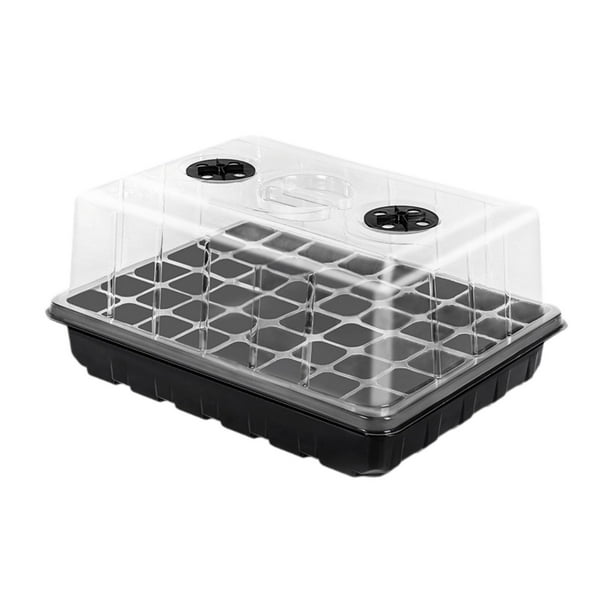 Bandeja para sembrar plántulas, 48 agujeros, tapa y base resistentes. Negro