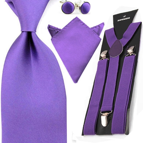 Men Satin Solid Color Necktie Hanky Pocket Square Braces Suspender Cufflinks Set