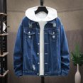 thumbnail image 4 of Men Denim Jacket Ripped Button Closure Solid Color Streetwear Spring Autumn Outerwear Loose Holes Jeans Coat for School, 4 of 7