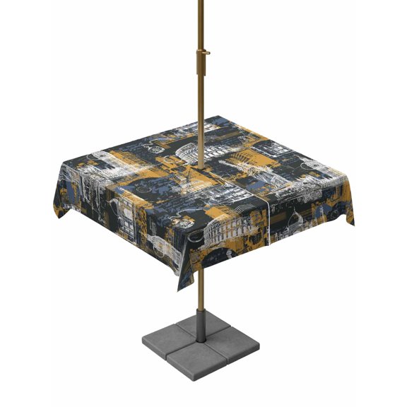 Outdoor Tablecloth with Umbrella Hole for Patio/Picnic/Party/Camping, Orange Blue City Waterproof Table Cloth Square Cover Washable, Abstract Architecture Modern Art (60"x 60")