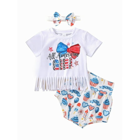 

Maemukilabe Independence Day Kids Baby Girls Clothes Set Letter Bowknot Short Sleeve Tassel T-shirt Shorts/Pants