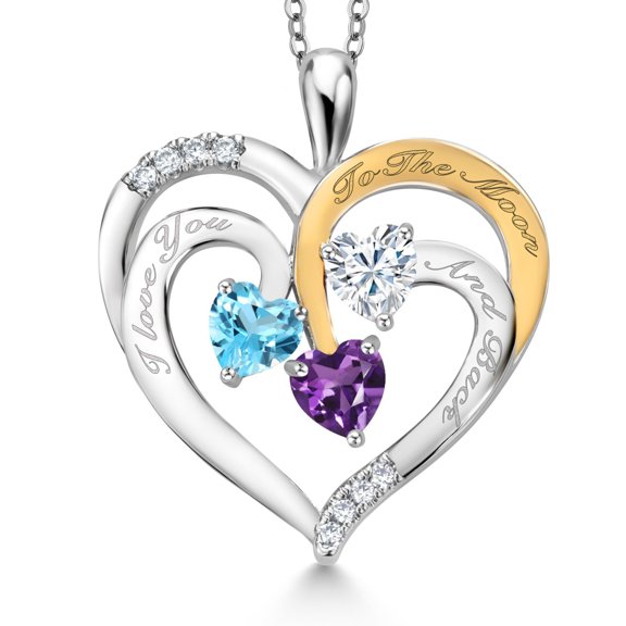 Gem Stone King Two Tone Swiss Blue Topaz White Moissanite Purple Amethyst `I love you to the moon and back` Engraved Pendant Necklace for Women (1.39 cttw, Heart Shape 5MM, 18 inch Chain)
