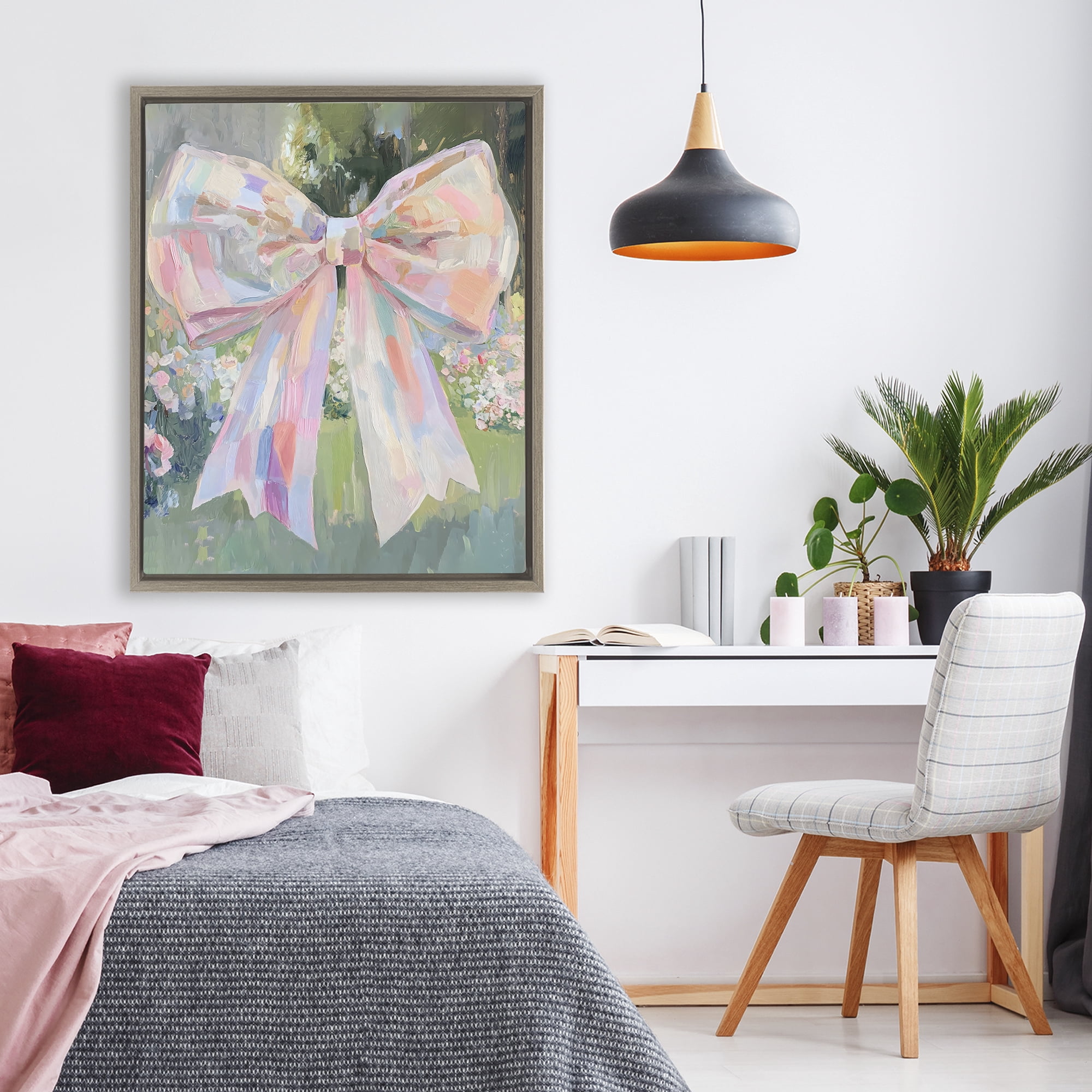 Stupell Industries Iridescent Pink Bow in Garden Brown Framed Floater Canvas Wall Art, design by The Prints Vibe