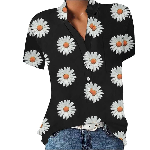Tops de impresión de botones de bolsillo de manga corta de ocio con cuello en V de verano para mujer OAVQHLG3B Store lin121212