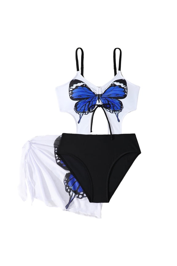 UPF 50+ 3 Piece Swimsuit Set for Big Girls Butterfly Print Beach Pool Swimwear,White