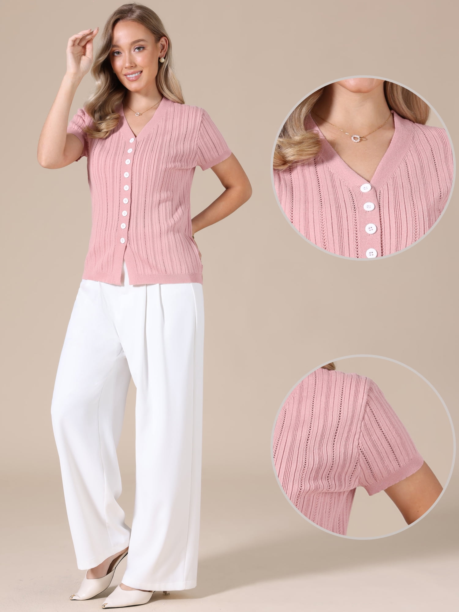 DARING DIVA Women's Eyelet Tops V Neck Short Sleeve Knit Button Down Shirts L Pink