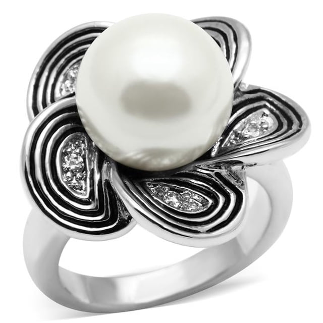 Alamode 3W240-7 Women Rhodium Brass Ring with Synthetic in White - Size 7