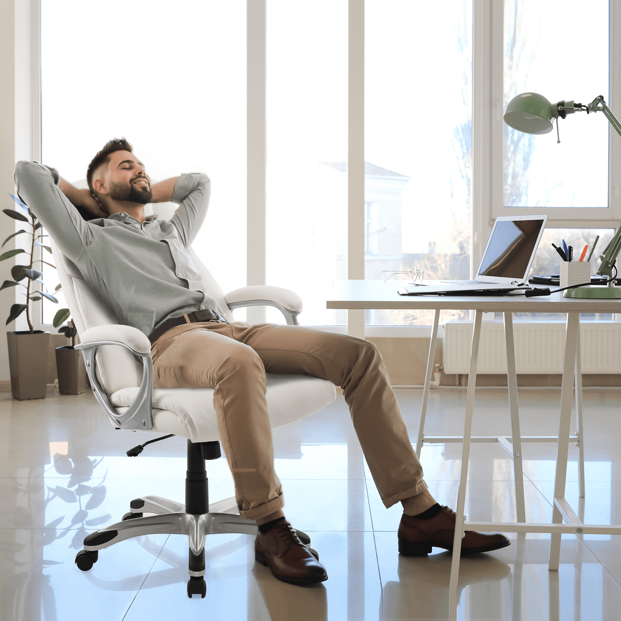 Medium-Back Office Chair Leather Computer Desk Chair with Lumbar Support for Adult,White