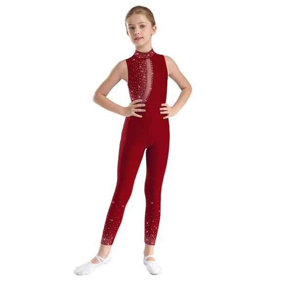 vastwit Kids Girls Shiny Rhinestone Sleeveless Ballet Dance Bodysuit Full Body Gymnastics Leotard Burgundy 12