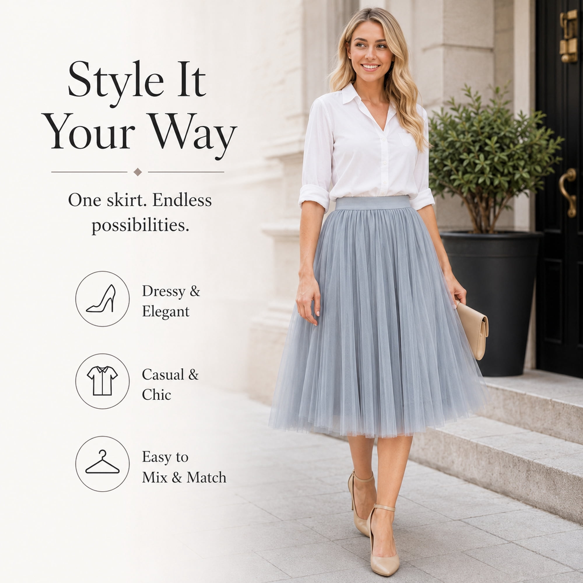 Women’s Gray Tulle Midi Skirt, Layered A-Line Tutu Skirt, One Size Elastic Waist Party Skirt