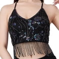 thumbnail image 3 of Top corto con borlas para danza del vientre, llamativo, con cuello halter y espalda descubierta, para mujer. Negro, 3 of 9