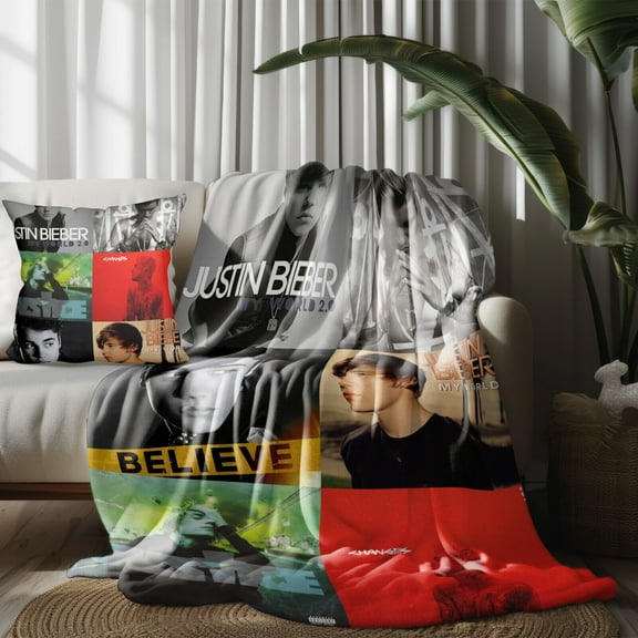 Throw Blanket and Pillowcase Set of 2，Justin Bieber Thin Bed Couch Decor Kids Adult Nap Micro Fleece Fuzzy Blankets Bedroom Car All Season Birthday Gifts
