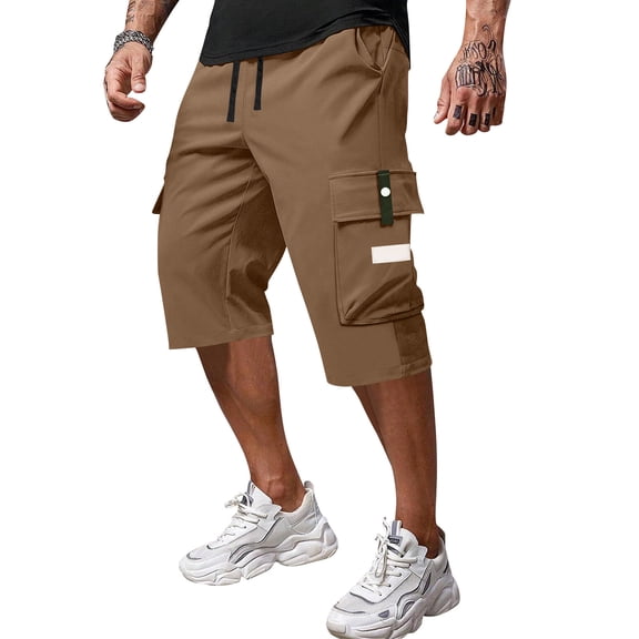 Men's Long Cargo Shorts Knee Length Elastic Waist Shorts Long Capri Below the Knee Big and Tall 3/4 Pants Multi-Pocket Outdoor Work Relaxed Fit Half Pants,Brown 2XL