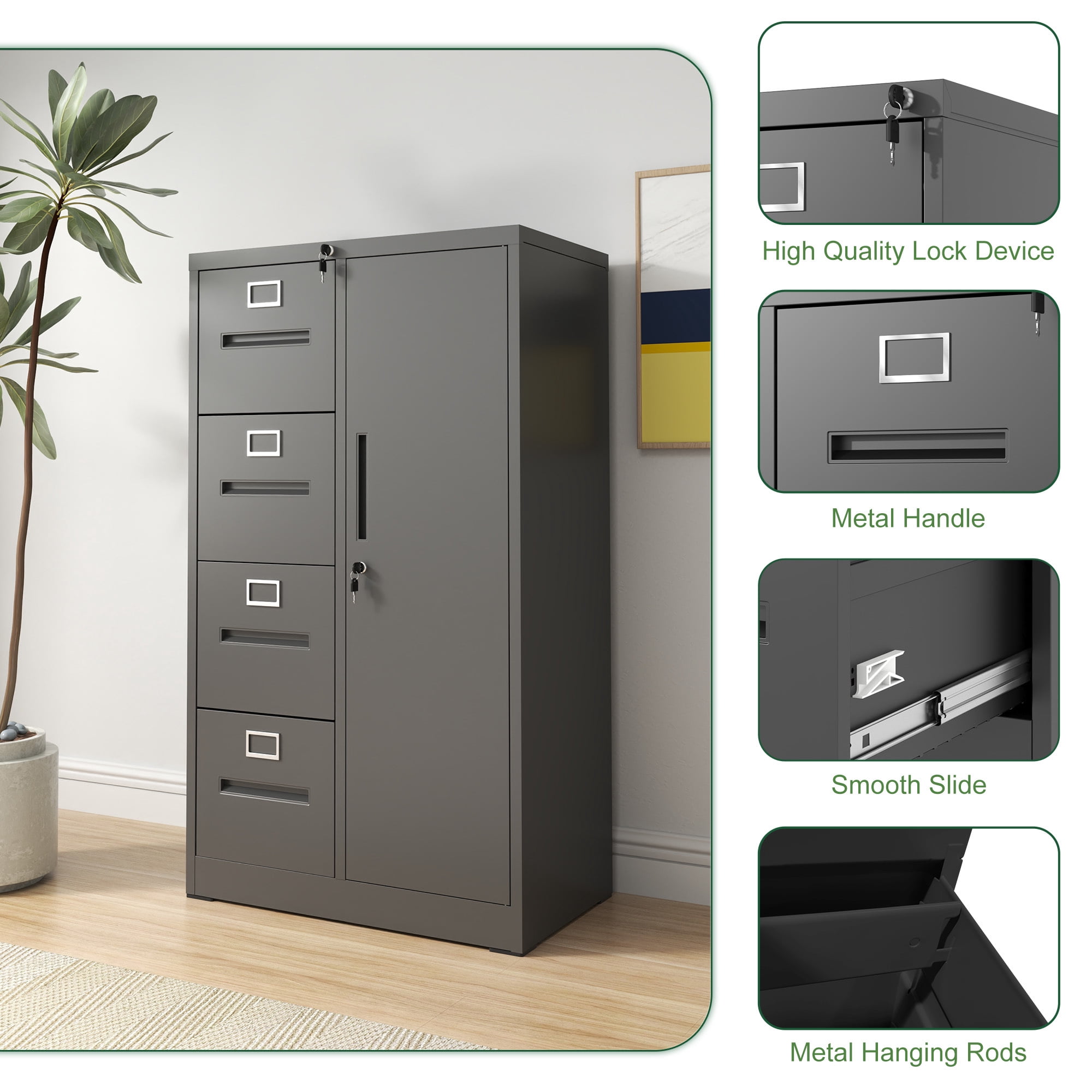 Leumius 52.4" Tall Metal Storage Cabinet with Lock,Freestanding Filing Cabinet Armoire Wardrobe Closet with 4 Drawers & Hanging Rod for Office,Living Room,School,Black