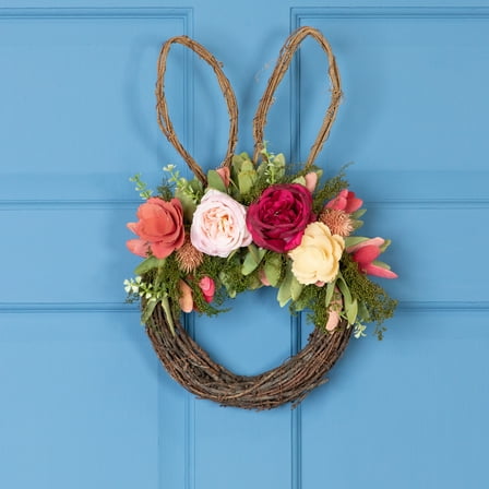 Northlight Wooden Floral Easter Bunny Ears Twig Wreath - 15"