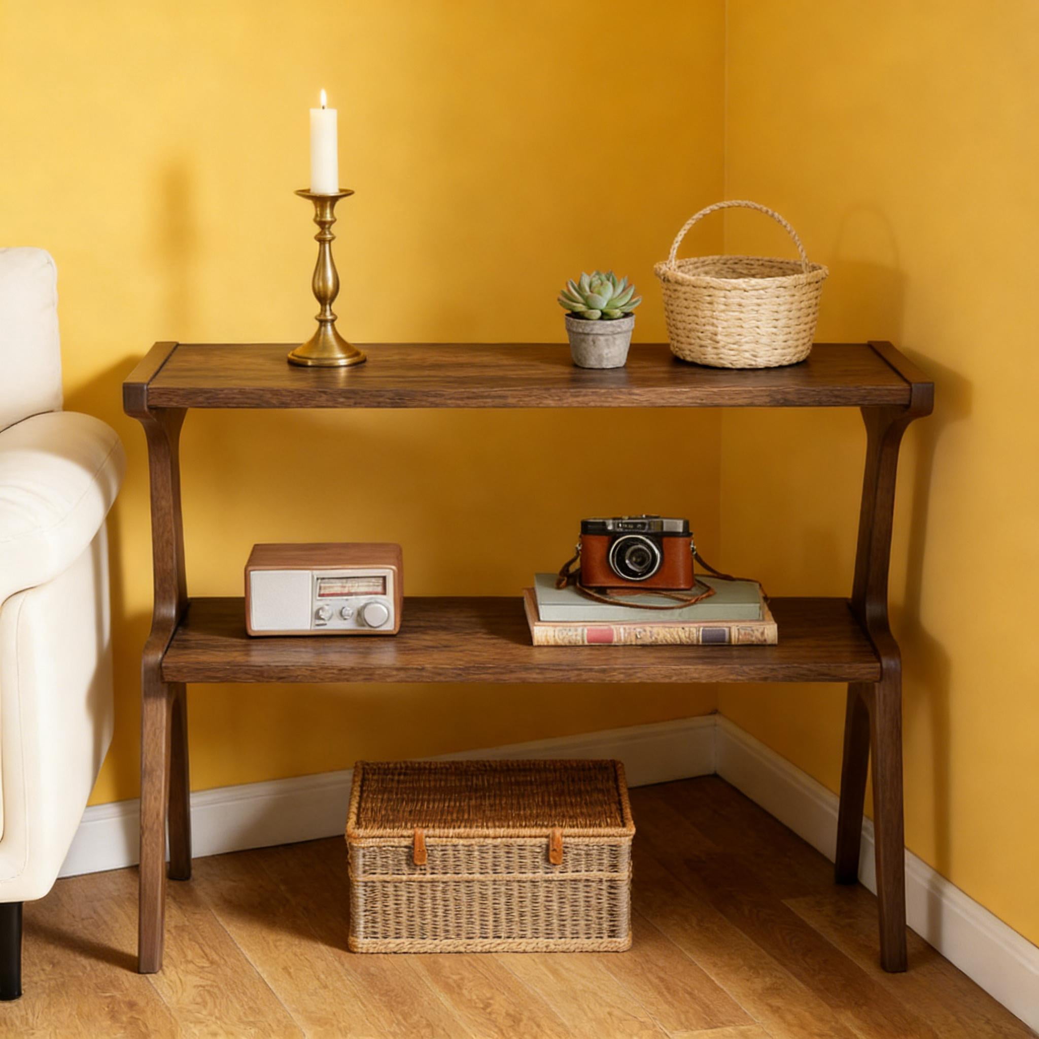Solid Wood Side Table, 2-Tier, Rustic Brown, Waterproof Lacquer, Multifunctional Use