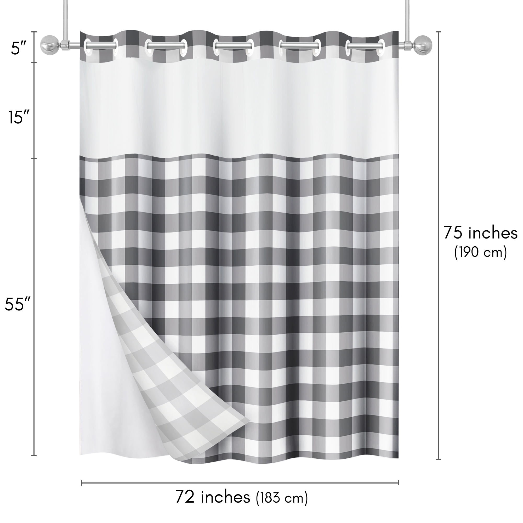 Americanflat 72x75 Hookless Shower Curtain - Gray Plaid Shower Curtain with Sheer Panel, Snap-In Liner, and Grommets - 100% Polyester