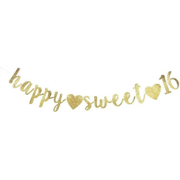 Happy Sweet 16 Banner, Girls' 16th Birthday Party Decorations Gold Glitter Paper Letters Backdrops