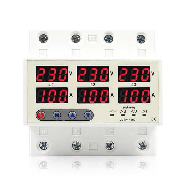 Mistaha Adjustable Three Phase Four Wire Digital Display Self-Resetting Over/Under Voltage Current Limiter with Real-Time Voltage and Current Display, Overload Protection, Standard Rail Mounting, LED