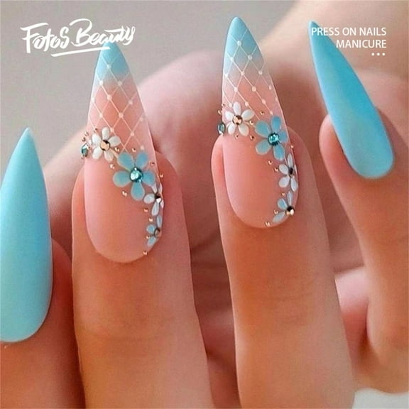 Fofosbeauty 24 pcs Almond Fake Nails Tips, Medium Press on French Nails, Almond Babyblue Matte Elegant