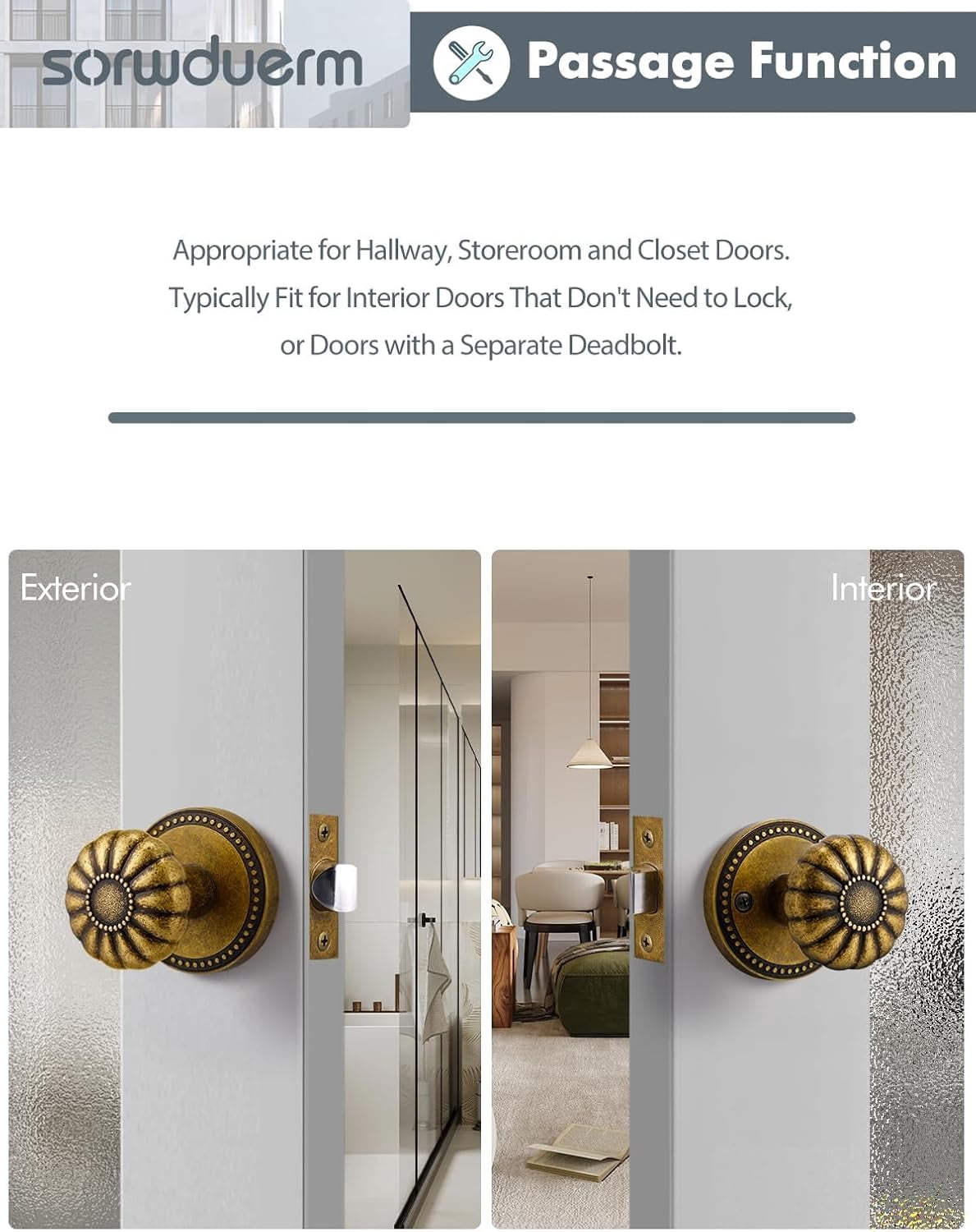 Antique Brass Door Knob Passage Door Knobs Interior Door Knob for Hall and Closet,Zinc Alloy 1 Pack