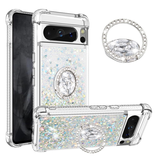 Funda para Google Pixel 8 Pro 5G con Brillo Líquido Flotante, Purpurina, Parachoques y Anillo Giratorio Soporte