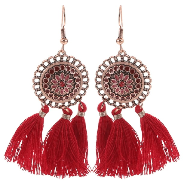 par de pendientes orientales con borlas, joyería étnica, pendientes bohemios con borlas, pendientes tribales, pendientes de Año Nuevo Lunar, pendientes con borlas chinas