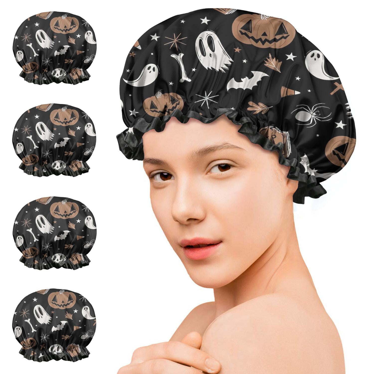 Shower Caps,Vintage Halloween Pattern Waterproof Shower Cap for Women 4 Pieces,Double Reusable Hair Cover for Shower PEVA Elastic Stretch Hem