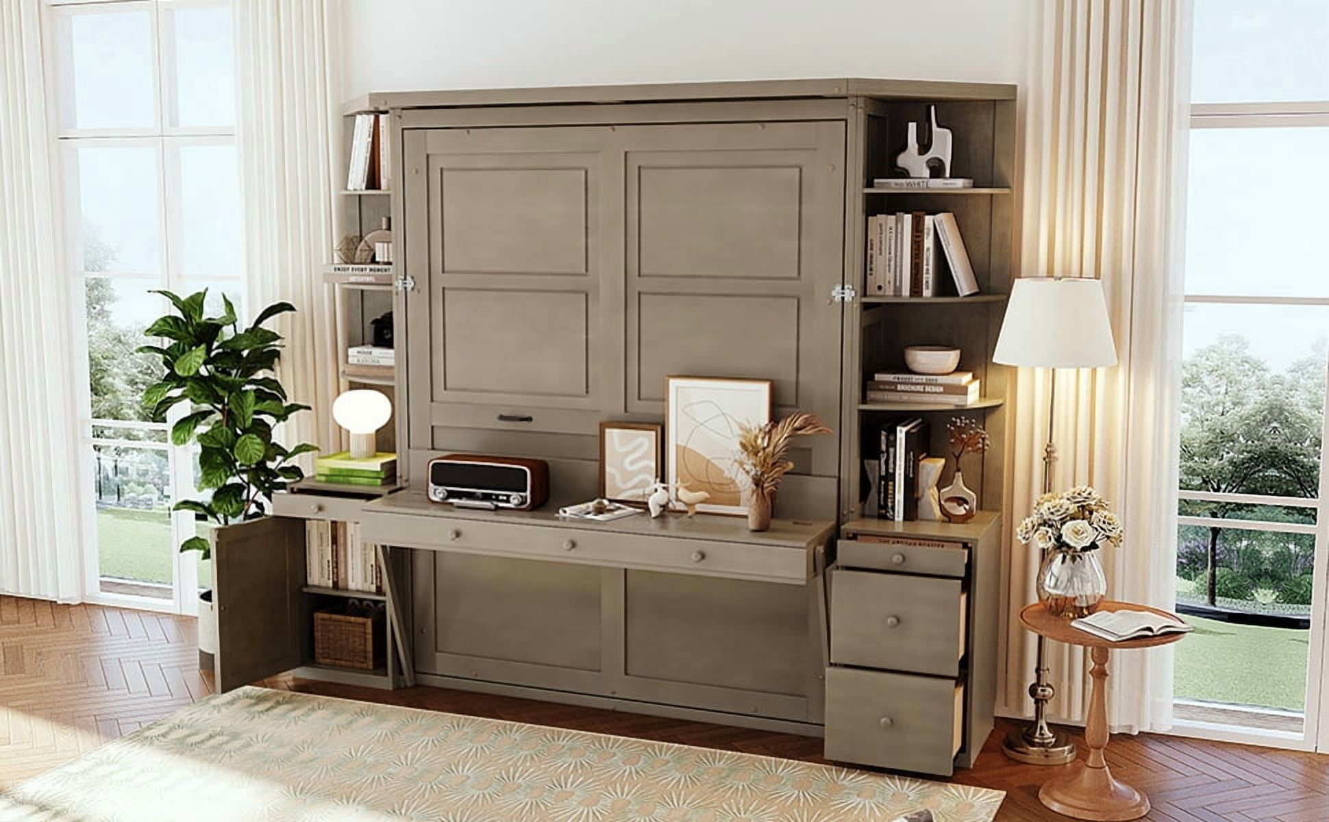 Mintazer Queen Size Murphy Bed with Desk & Side Storage, Modern Folding Cabinet Bed with Workstation & Shelves for Home Office, Gray
