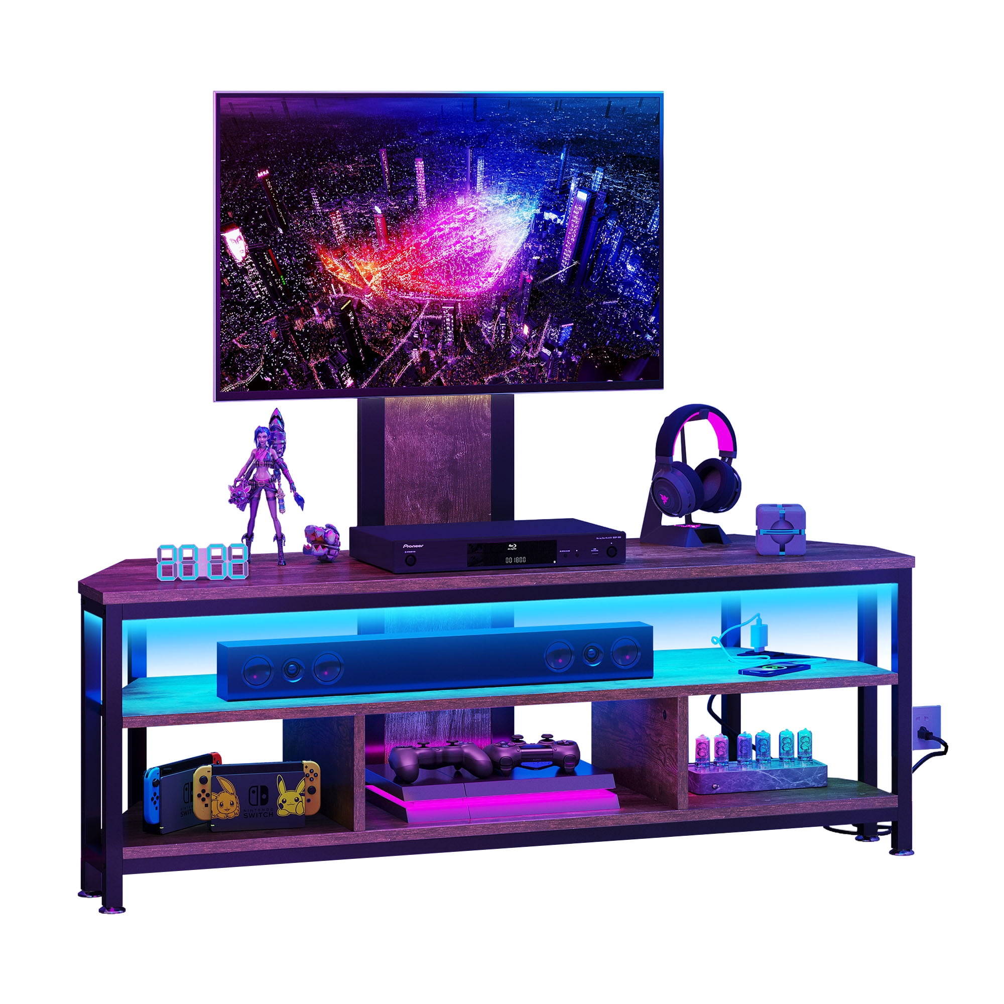 Uforic TV Stand Mount with Power Outlet, Swivel Entertainment Center with LED Lights for TVs up to 70 inches, Height Adjustable, Brown