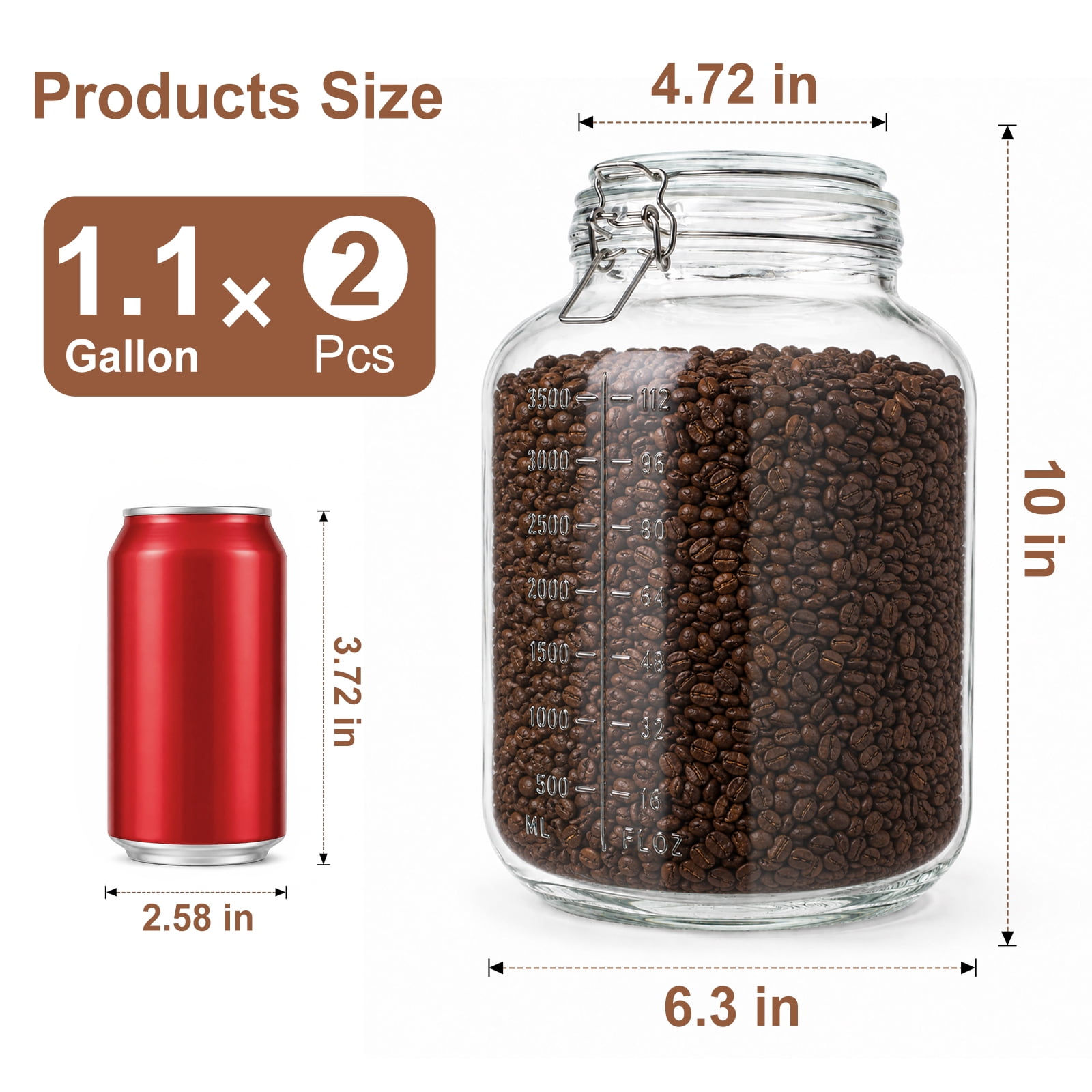 FOUKUS Glass Jars with Airtight Lids: 1.1 Gallon Glass Storage