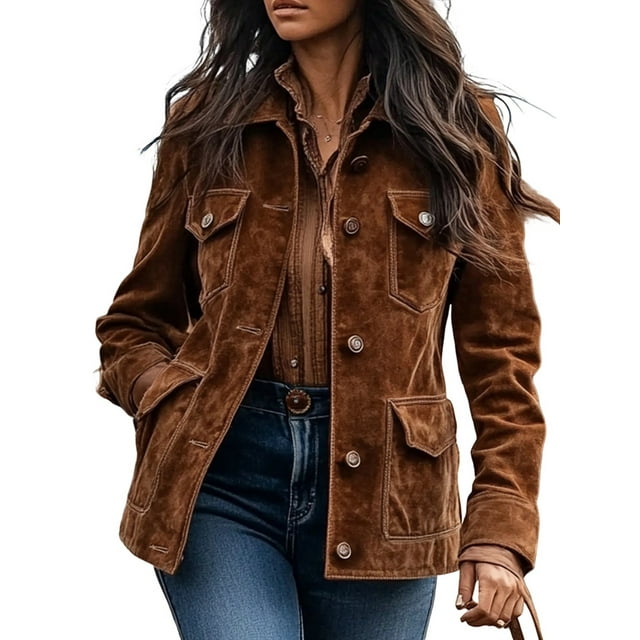 Womens Jackets Up Snap Buttons Parka Utility Coats Outwear with Pocket Brown L