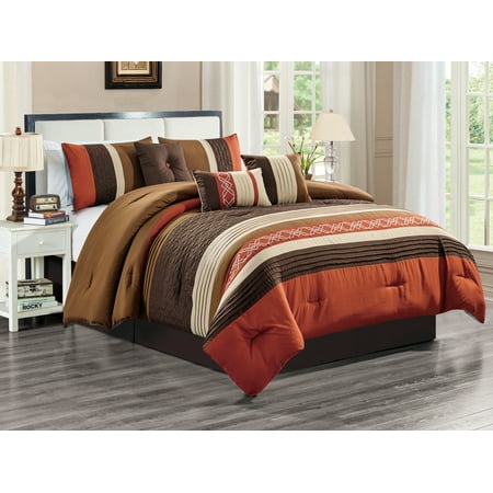 7-Pc Rania Geometric Lines Embroidery Triangle Diamond Embossed Pleated Comforter Set Rust Orange Brown Beige Mocha Queen